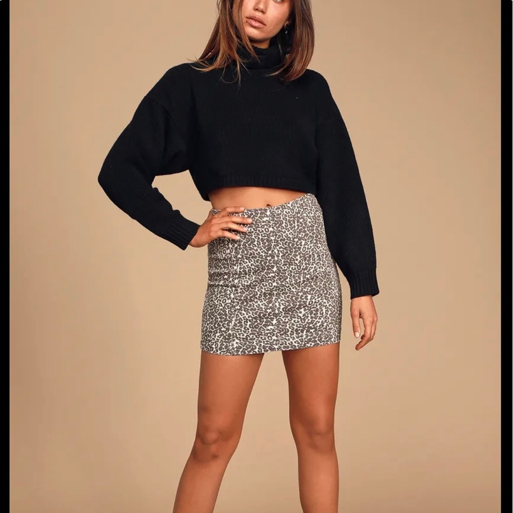 Free People Modern Femme Leopard Print Mini Stretch Denim Skirt